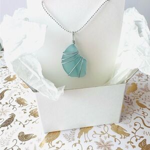 Elegant Silver and Blue Sea Glass Pendant Necklace